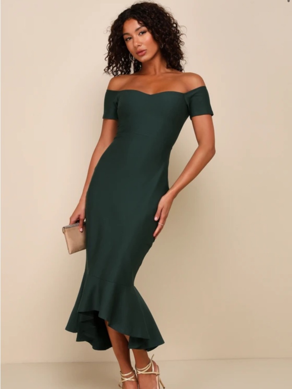 Lulu's Forest Green One-Shoulder Mermaid Midi Dress